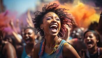 ai gerado africano mulheres dançando, sorridente, desfrutando música às uma verão festival gerado de ai foto