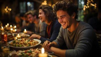 ai gerado grupo do pessoas desfrutando uma alegre luz de velas jantar festa dentro de casa gerado de ai foto