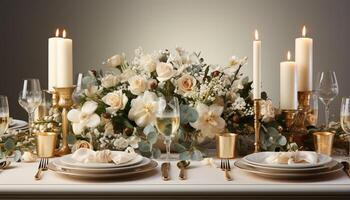 ai gerado elegante Casamento mesa com talheres, vela, e flor arranjo gerado de ai foto