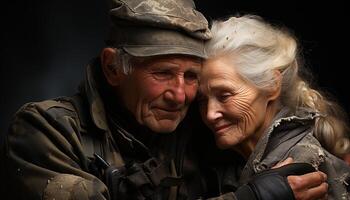 ai gerado dois sorridente Senior adultos, uma homem e uma mulher, ao ar livre gerado de ai foto