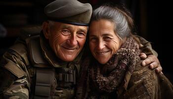 ai gerado idosos casal sorridente, abraçando, e olhando às Câmera com amor gerado de ai foto