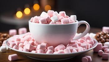 ai gerado fofo marshmallow pilha em gourmet sobremesa, Rosa doce indulgência gerado de ai foto