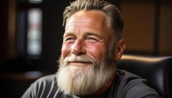 ai gerado uma alegre Senior homem com cinzento cabelo e uma barba gerado de ai foto