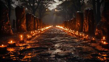 ai gerado luz de velas pisca, iluminador espiritualidade dentro tranquilo noite do oração gerado de ai foto