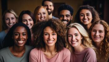 ai gerado uma alegre grupo do jovem adultos sorridente, olhando às Câmera gerado de ai foto