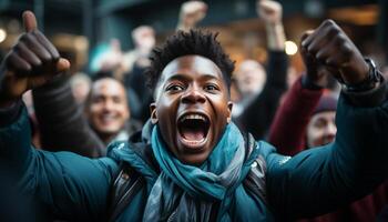 ai gerado africano e caucasiano homens e mulheres alegremente comemoro sucesso ao ar livre gerado de ai foto