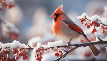 ai gerado fofa pássaro empoleirar-se em Nevado filial, inverno natural beleza gerado de ai foto