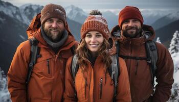 ai gerado jovem adultos caminhada dentro inverno, sorridente, desfrutando natureza aventura gerado de ai foto