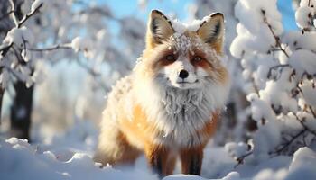 ai gerado fofa cachorro sentado dentro neve, olhando às Câmera de brincadeira gerado de ai foto