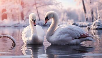 ai gerado mudo cisnes graça tranquilo lago, refletindo natureza beleza gerado de ai foto