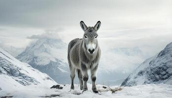 ai gerado fofa asno e bode dentro Nevado montanha panorama gerado de ai foto