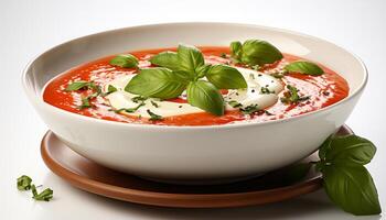 ai gerado fresco tomate sopa, uma saudável vegetariano refeição com gourmet guarnição, enfeite, adorno gerado de ai foto