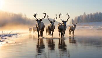 ai gerado tranquilo cena veado pastar dentro inverno floresta às alvorecer gerado de ai foto