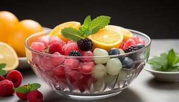 ai gerado fresco fruta salada com framboesa, mirtilo, e morango em de madeira mesa gerado de ai foto