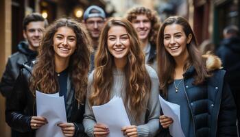 ai gerado uma grupo do alegre jovem adultos sorridente ao ar livre, olhando às Câmera gerado de ai foto