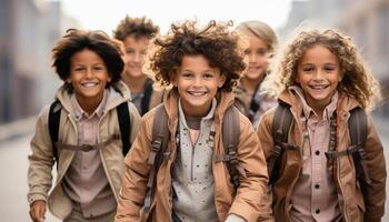 ai gerado sorridente meninas e Rapazes, alegre e despreocupado, olhando às Câmera gerado de ai foto