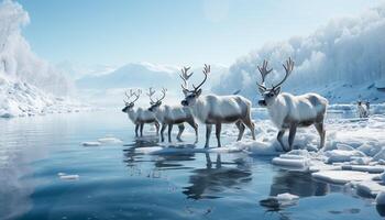 ai gerado veado em pé dentro tranquilo ártico paisagem, cercado de neve gerado de ai foto