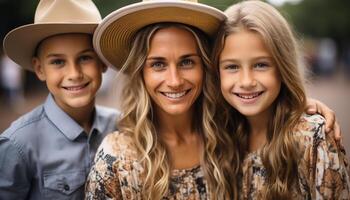 ai gerado sorridente família, alegre garotas, vínculo ao ar livre, desfrutando natureza juntos gerado de ai foto