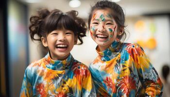 ai gerado sorridente meninas e Rapazes, alegre e bonitinho, desfrutando Diversão gerado de ai foto