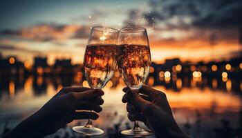 ai gerado uma romântico pôr do sol celebração, dois pessoas torrada com champanhe gerado de ai foto