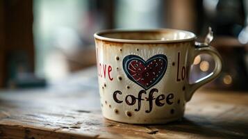 ai gerado café copo adornado com 'amor café' e uma coração, ai gerado. foto