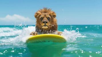 ai gerado uma fofa leão surfista goza uma cheio de diversão verão dia às a praia, equitação ondas com entusiasmo, ai gerado. foto