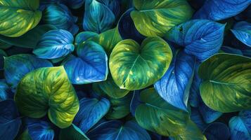 ai gerado tropical folhas iluminado dentro vibrante azul e verde matizes. ai gerado foto