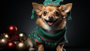 ai gerado fofa cachorro vestindo uma verde chapéu comemora dia das Bruxas com brinquedo gerado de ai foto