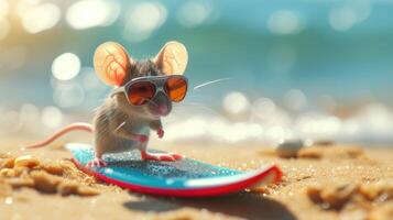 ai gerado uma fofa rato surfista goza uma cheio de diversão verão dia às a praia, equitação ondas com entusiasmo, ai gerado. foto