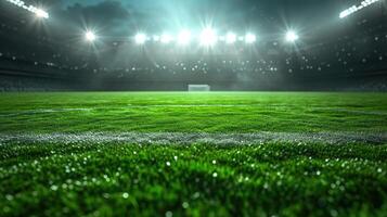 ai gerado vibrante verde futebol campo iluminado de brilhante holofotes, configuração a etapa para emocionante fósforos debaixo a noite céu. ai gerado. foto