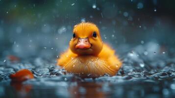 ai gerado fechar-se do uma borracha Pato flutuando em água, Está alegre presença brilho a cena, ai gerado. foto