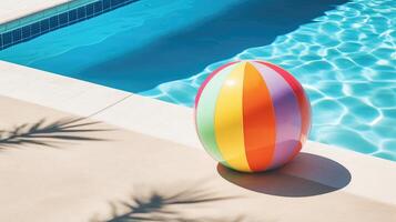 ai gerado multicolorido de praia bola descansos de a piscina borda, adicionando uma vibrante tocar. ai gerado. foto