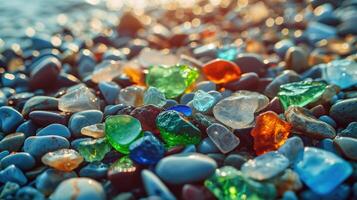 ai gerado jóias do natureza adornar a arenoso margens, colorida gemas brilhando debaixo a sol, ai gerado. foto