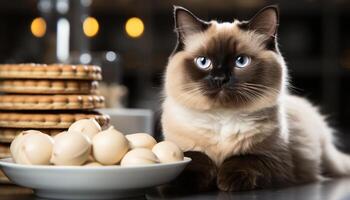 ai gerado fofa gatinho sentado em mesa, olhando às Câmera, dentro de casa gerado de ai foto