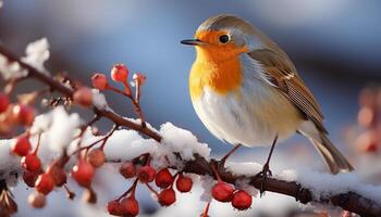 ai gerado uma fofa pássaro empoleirar-se em uma ramo dentro a neve gerado de ai foto
