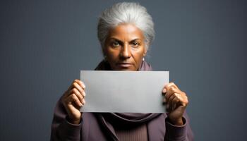 ai gerado 1 confiante mulher segurando uma em branco sinal, sorridente às Câmera gerado de ai foto