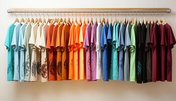 ai gerado moda loja monitores uma vibrante coleção do multi colori vestuário gerado de ai foto
