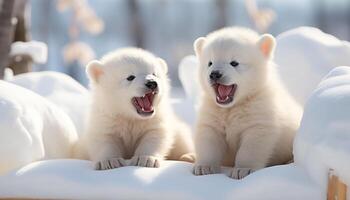 ai gerado fofa cachorro jogando dentro a neve, natureza de raça pura inverno Diversão gerado de ai foto