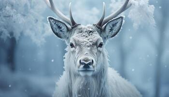 ai gerado fofa veado dentro neve, olhando às Câmera, cercado de natureza gerado de ai foto