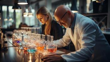 ai gerado dois cientistas, homens e mulheres, trabalhando juntos dentro uma laboratório gerado de ai foto