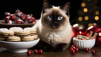 ai gerado fofa gatinho sentado em mesa, olhando às chocolate bolacha gerado de ai foto