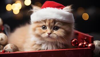 ai gerado fofa gatinho comemora inverno com pequeno presente e decoração gerado de ai foto
