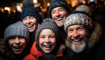 ai gerado uma alegre família abraços dentro a neve, a comemorar inverno juntos gerado de ai foto