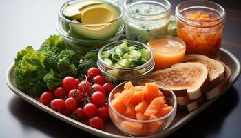 ai gerado frescor em mesa saudável comendo, vegetariano comida, gourmet salada gerado de ai foto