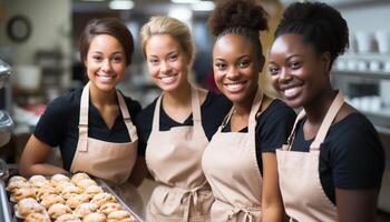 ai gerado sorridente mulheres trabalhando dentro cozinha, confiante empreendedores cozinhando fresco Comida gerado de ai foto