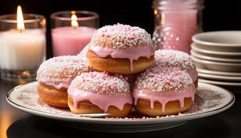 ai gerado gourmet rosquinha com Rosa glacê, chocolate, e morango decoração gerado de ai foto