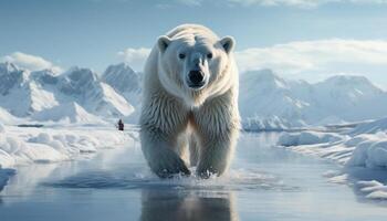 ai gerado uma majestoso ártico mamífero anda em em congeladas gelo floe gerado de ai foto