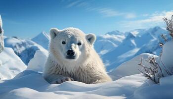 ai gerado majestoso ártico cachorro dentro Nevado paisagem, olhando fofa e fofo gerado de ai foto