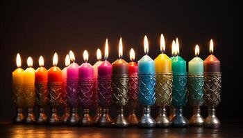 ai gerado multi colori velas queimando, iluminador a Sombrio com vibrante celebração gerado de ai foto