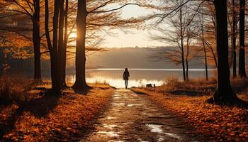 ai gerado homens e mulheres caminhando dentro a outono floresta às pôr do sol gerado de ai foto